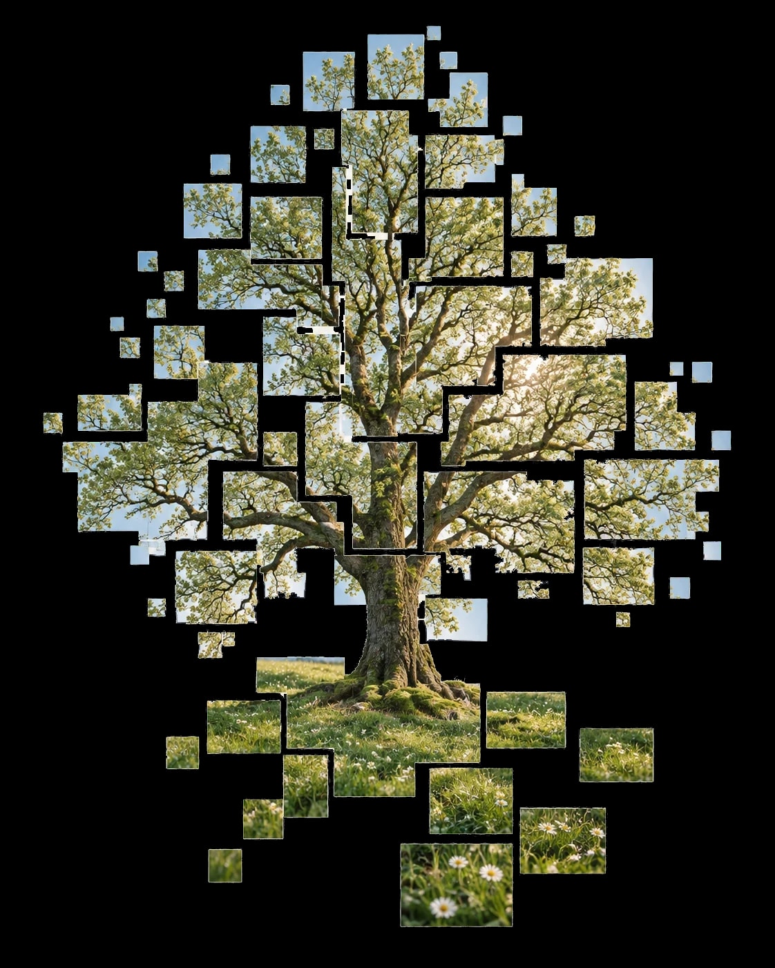 A conceptual illustration: an oak tree on a grassy hill with daisies, cut into rectangular photographic tiles that drift apart like pixels, with sunlight breaking through the branches.