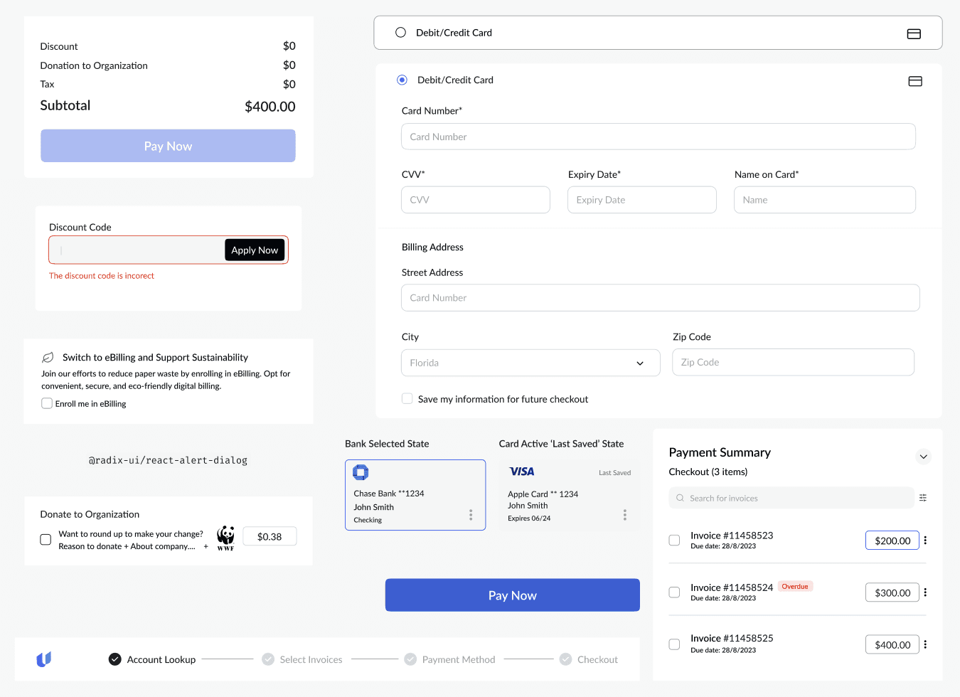 The finalized components on a dotted canvas: a payment summary with a discount code and a disabled Pay Now button, a debit or credit card form, bank selected and card active states, a Pay Now button, an invoice checkout list and the Quick Pay stepper.