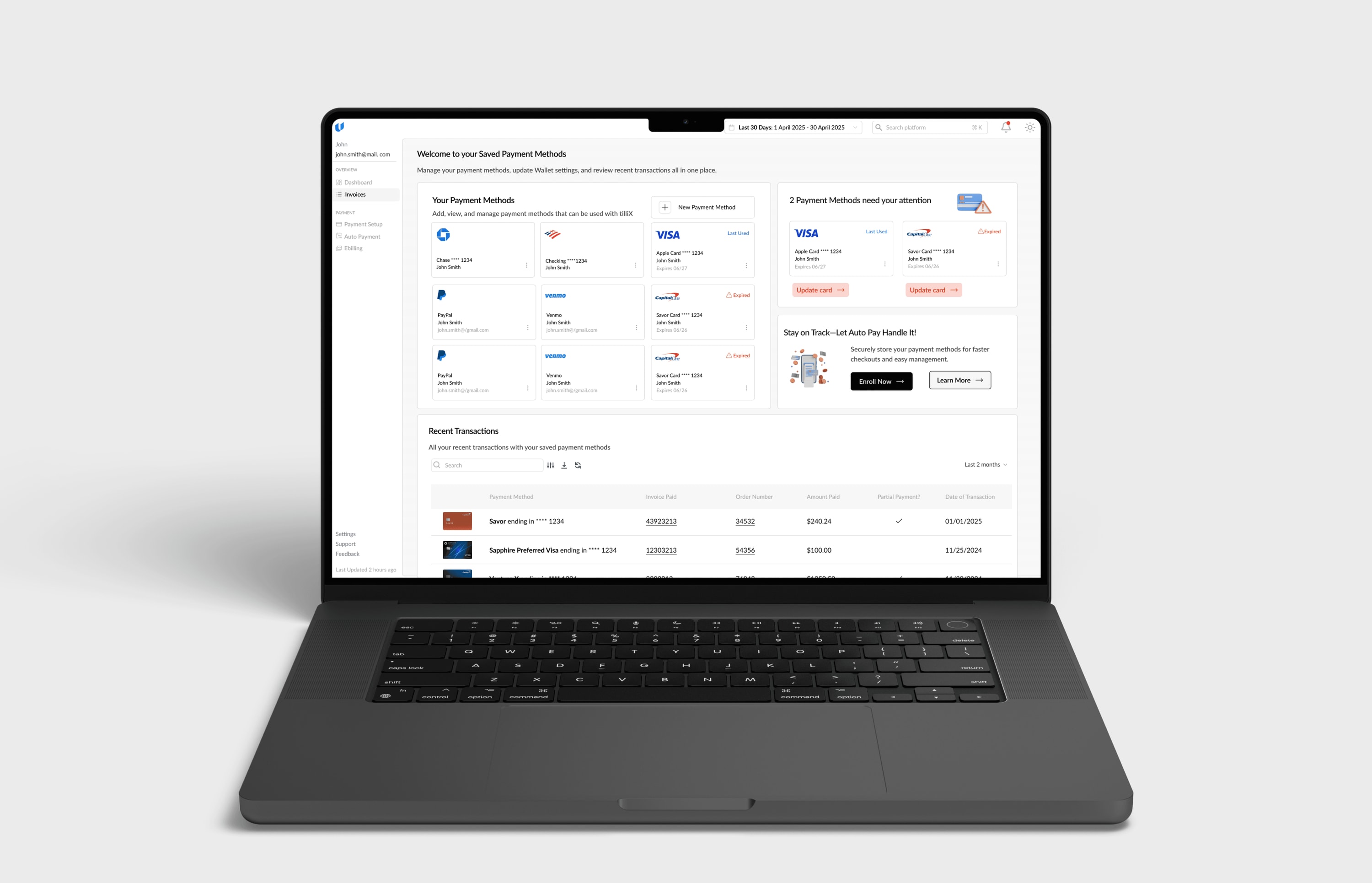 A laptop showing the tilliX saved payment methods dashboard: Welcome to your Saved Payment Methods, with payment method cards and a recent transactions table.