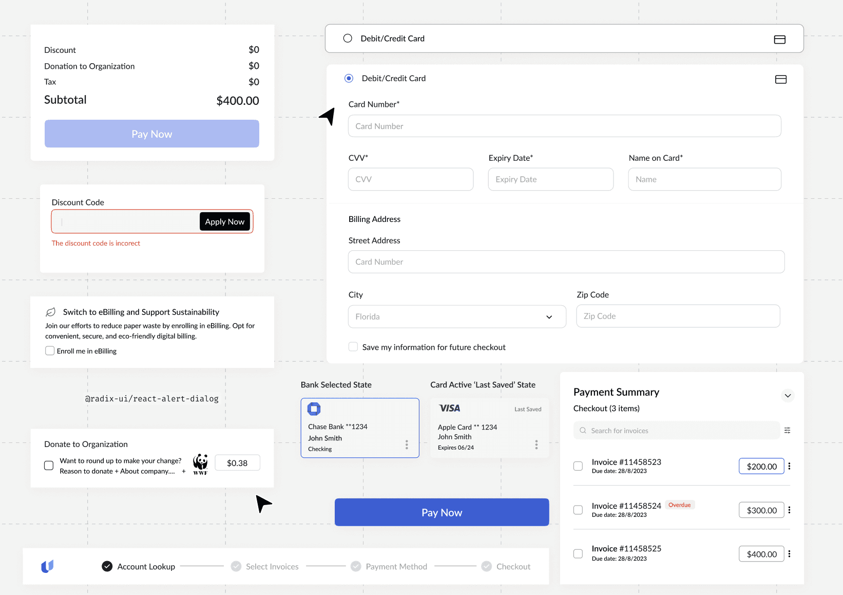 Components from the tilli design system on a dotted canvas: a payment summary with a discount code and a disabled Pay Now button, a debit or credit card form with billing address fields, a bank and card selection with a Pay Now button, an invoice checkout list with amounts, and a stepper (Account Lookup, Select Invoices, Payment Method, Checkout).
