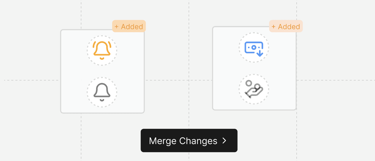 Two component instances (a bell icon and a payment icon), each marked Added with an updated version above the old one, and a Merge Changes button below.