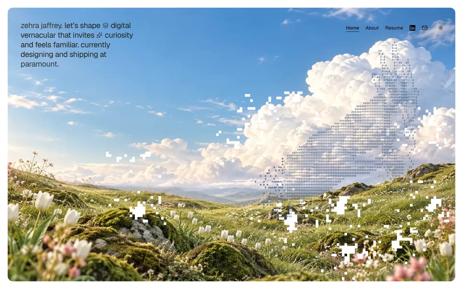 The portfolio's hero: a landscape of mossy hills and white tulips under a blue sky and clouds, with ASCII hands rising in the clouds