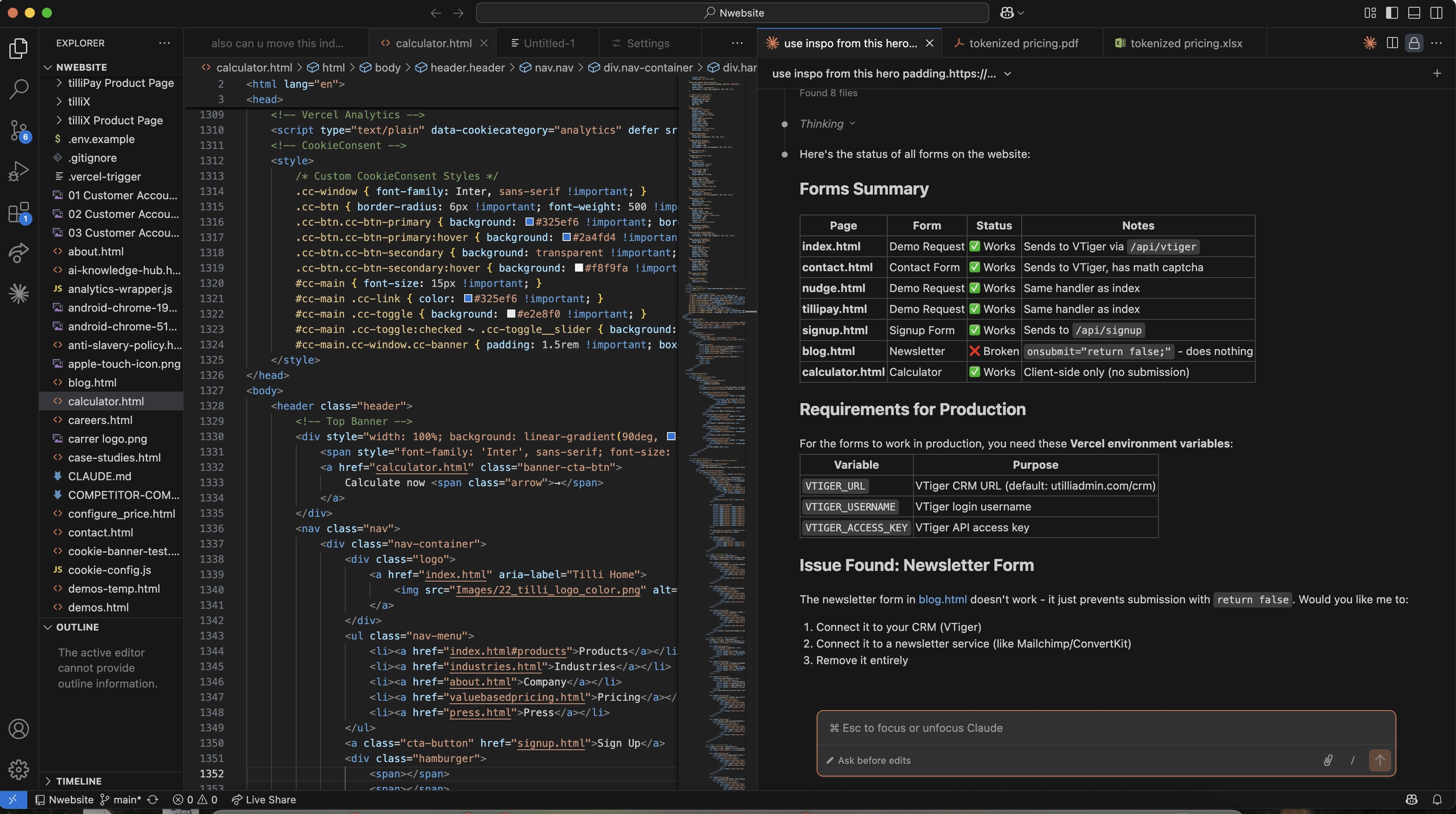 A code editor showing the tilli website's HTML next to an AI assistant panel that summarises forms (page, form, status and notes) and lists requirements for production, including an issue found with the newsletter form.