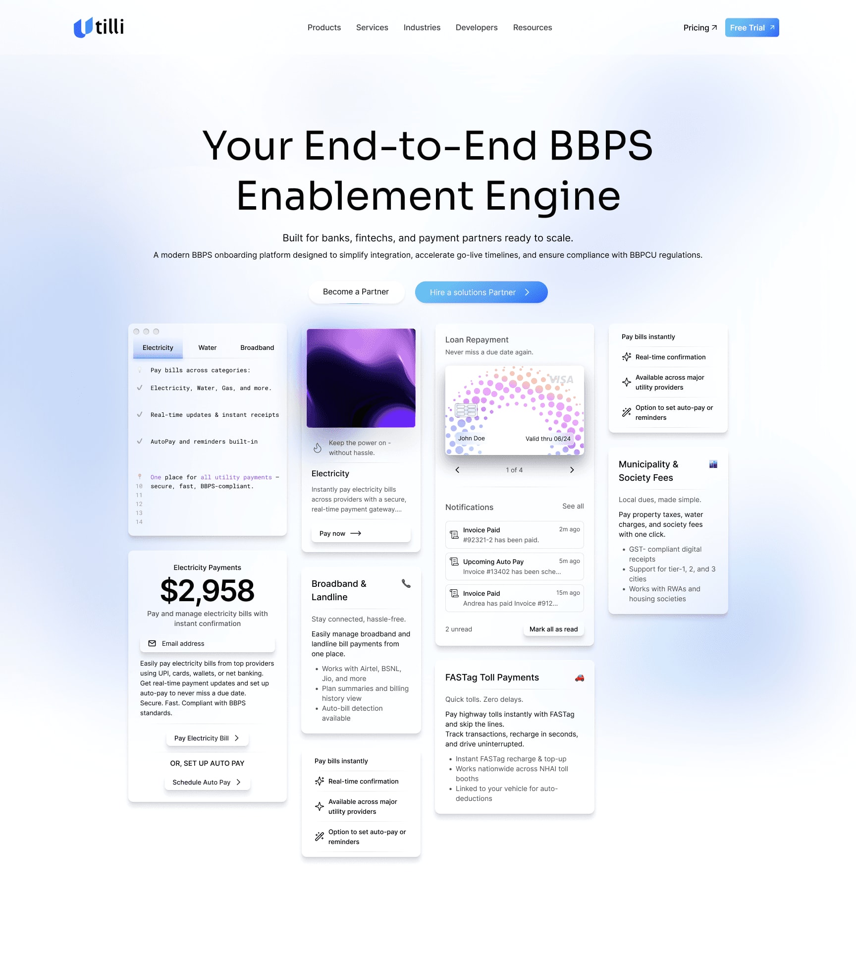 The Your End-to-End BBPS Enablement Engine page, with product cards showing bill payments, notifications and settings.