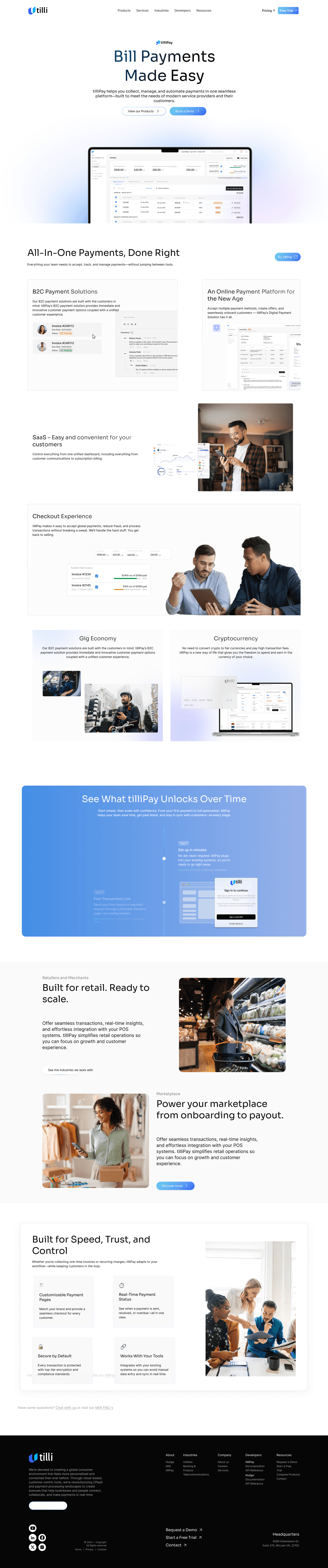 The full Bill Payments Made Easy product page: an introduction with a laptop dashboard, All-In-One Payments Done Right, checkout experience, gig economy and cryptocurrency sections, See What tilliPay Unlocks Over Time, retail and marketplace sections, Built for Speed, Trust, and Control, and a black footer.