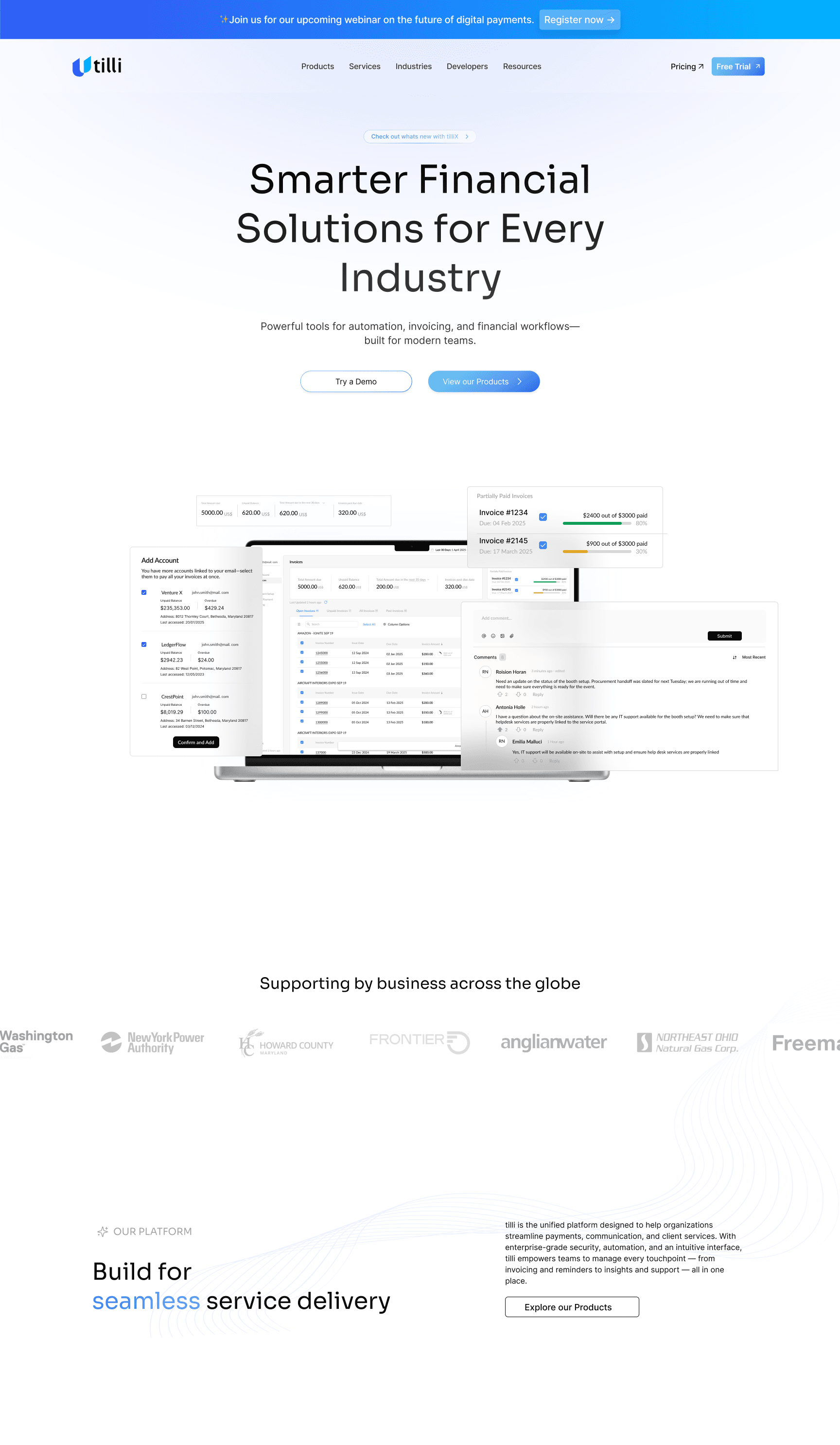 The home page: a banner, then Smarter Financial Solutions for Every Industry with a laptop dashboard, supporting business logos, and Build for seamless service delivery.