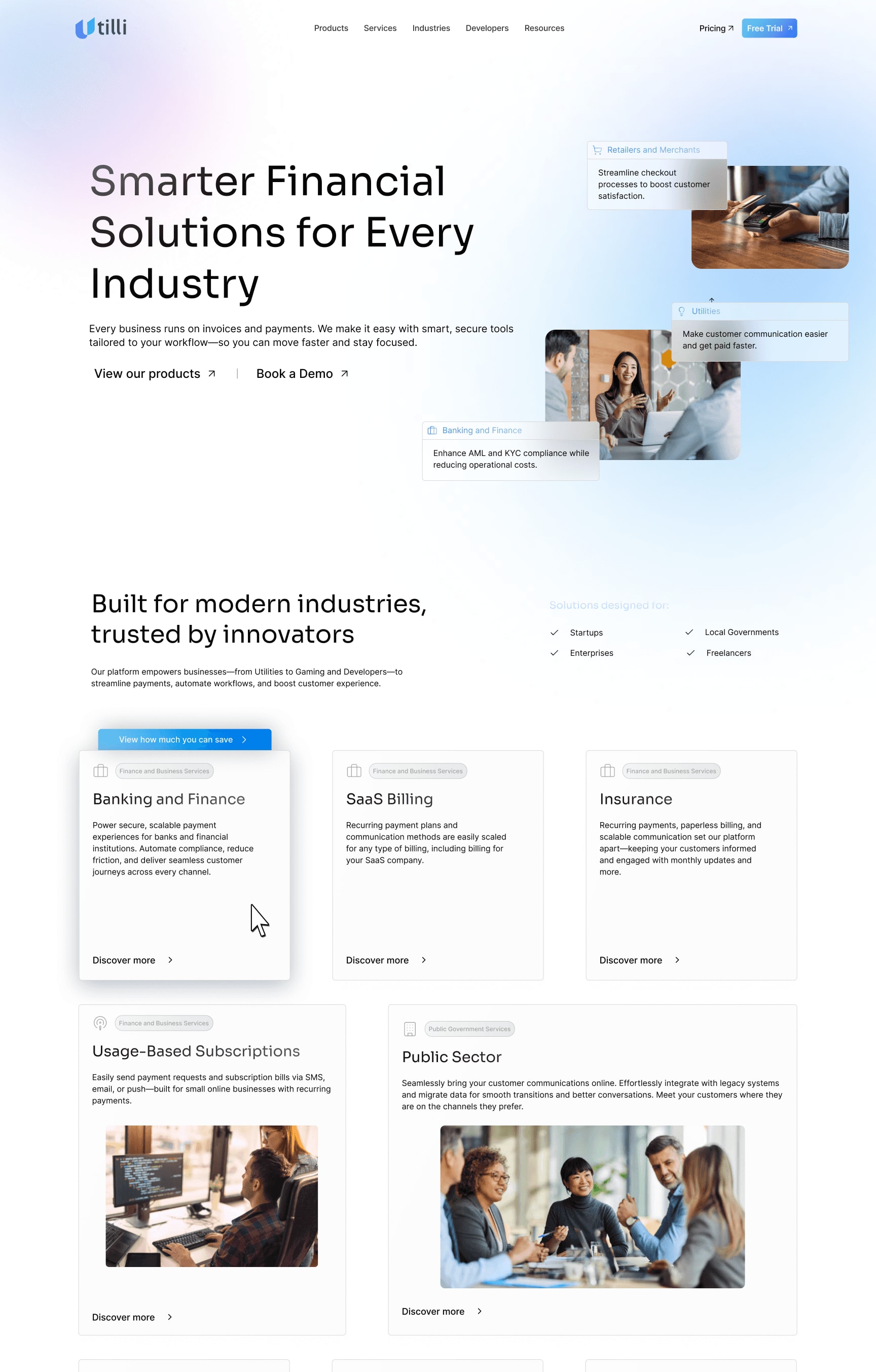 The industries page: Smarter Financial Solutions for Every Industry, then Built for modern industries, trusted by innovators, with cards for Banking and Finance, SaaS Billing, Insurance, Usage-Based Subscriptions and Public Sector.
