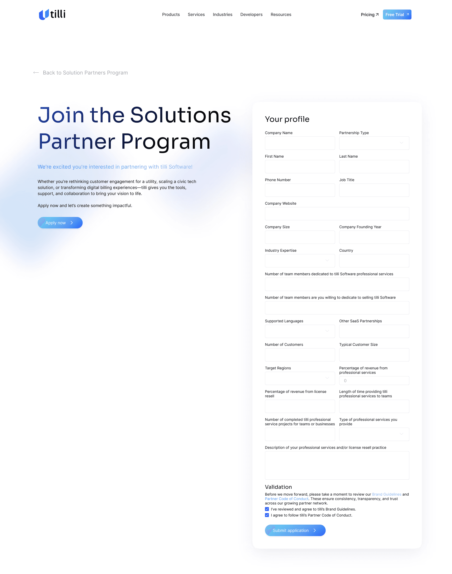 The Join the Solutions Partner Program page, with a long partner profile form.