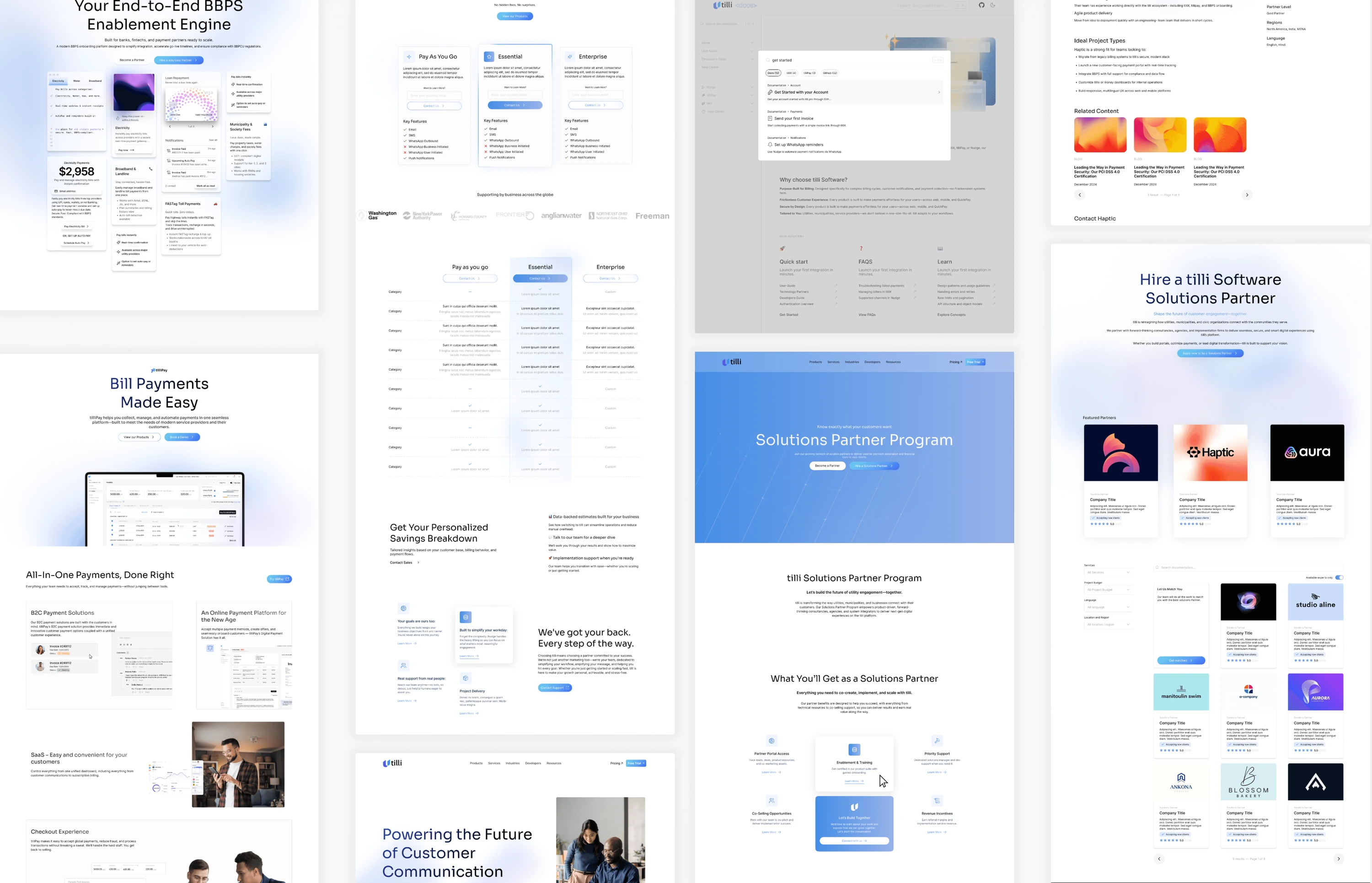 A collage of pages from the redesigned tilli.pro website: pricing, bill payments, an end-to-end BBPS enablement engine, a solutions partner program, and industry pages.