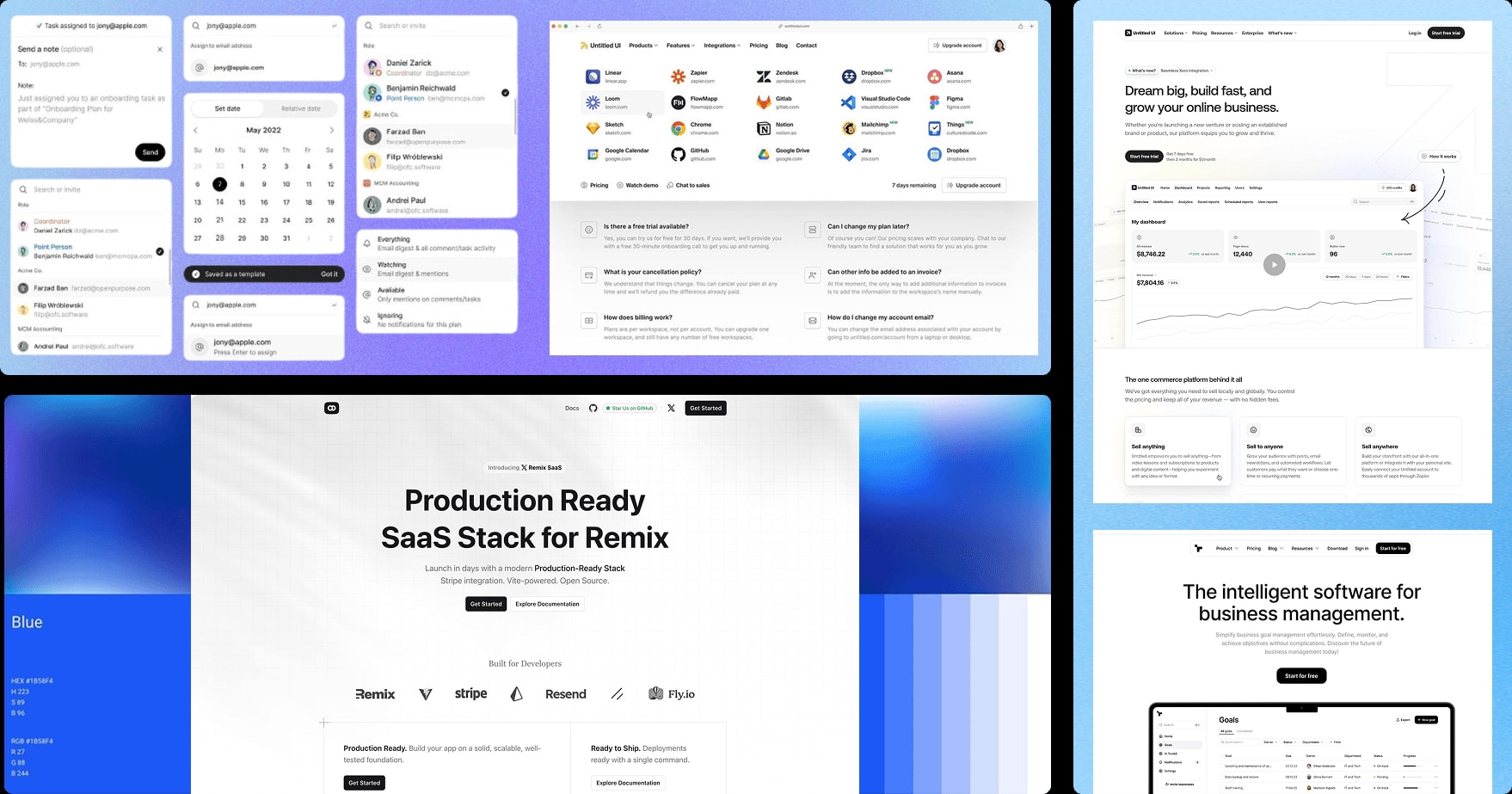 A mood board of enterprise software website screens with cool blue gradients, including a Production Ready SaaS Stack for Remix page and a business management software page.