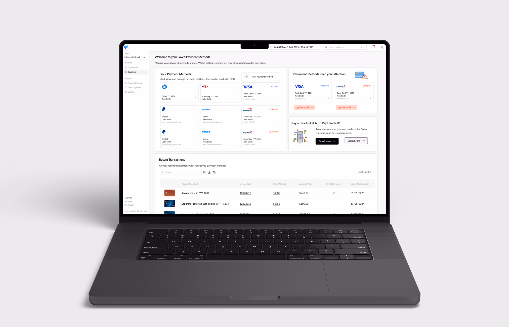 tilliX saved payment methods dashboard on a laptop