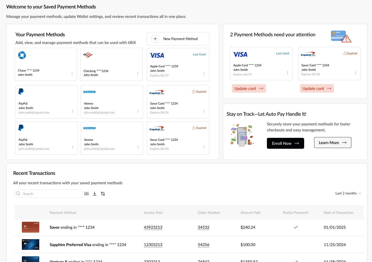 The post-login dashboard, Welcome to your Saved Payment Methods: your payment methods as cards, a panel of 2 payment methods that need attention (with update card actions), a Stay on Track card about Auto Pay with Enroll Now and Learn More buttons, and a Recent Transactions table.