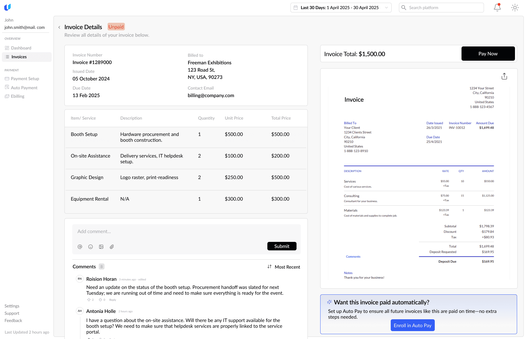 The expanded invoice view: invoice details, line items, comments and a conversation thread on the left, and the invoice itself with a Pay Now button and an Auto Pay prompt on the right.