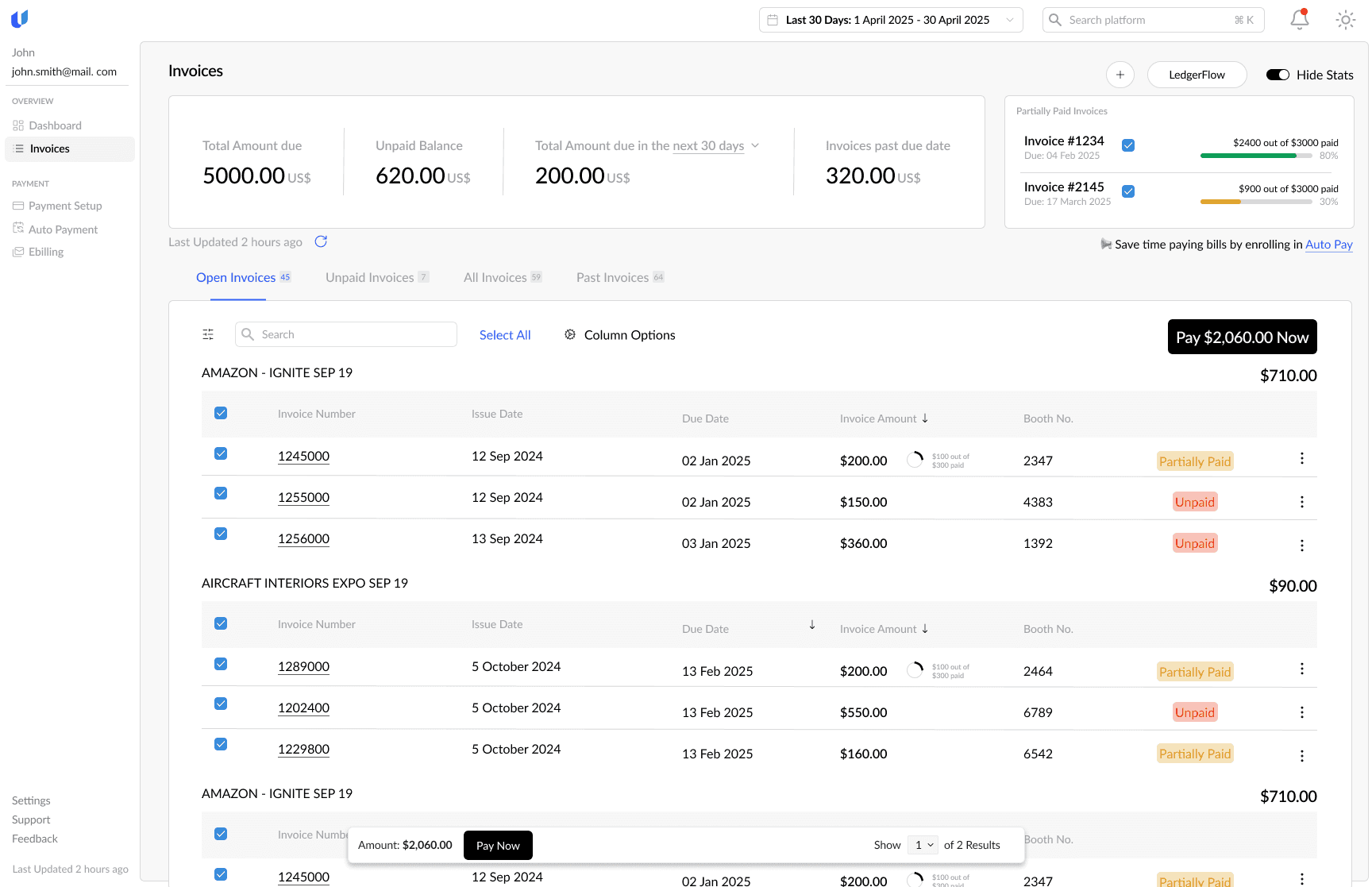 The invoices list: total amount due, unpaid balance, amounts due in the next 30 days and invoices past due at the top, tabs for open, unpaid, all and past invoices, and invoices grouped by event with due dates, amounts and status tags such as partially paid and unpaid, with a Pay Now button.