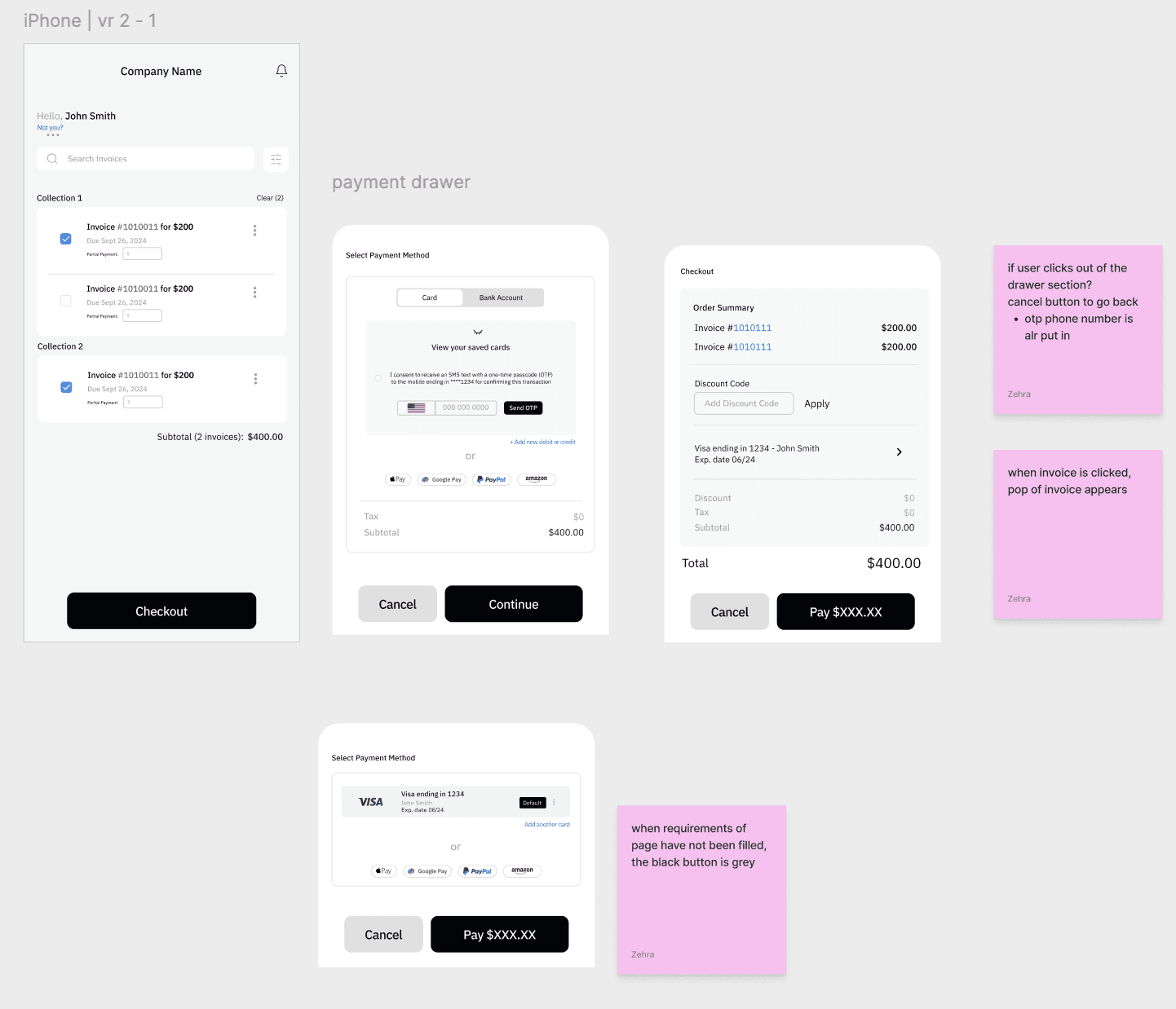 Mobile designs on a FigJam board (iPhone, version 2-1). A checkout list of invoices grouped in Collections with a Checkout button; a payment drawer with Select Payment Method (card or bank account, view your saved cards, an OTP consent and Send OTP, Apple Pay, Google Pay, PayPal and Amazon) and Cancel and Continue buttons; a Checkout order summary with a discount code, saved Visa and Cancel and Pay buttons; and a Select Payment Method drawer with a default Visa. Sticky notes: “if user clicks out of the drawer section? cancel button to go back, otp phone number is alr put in”; “when invoice is clicked, pop of invoice appears”; “when requirements of page have not been filled, the black button is grey”.