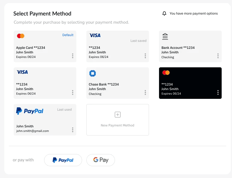 The Select Payment Method screen: saved payment methods as cards (an Apple Card, a Visa, a bank account, a Chase Bank account) with PayPal and Google Pay options and a New Payment Method card.
