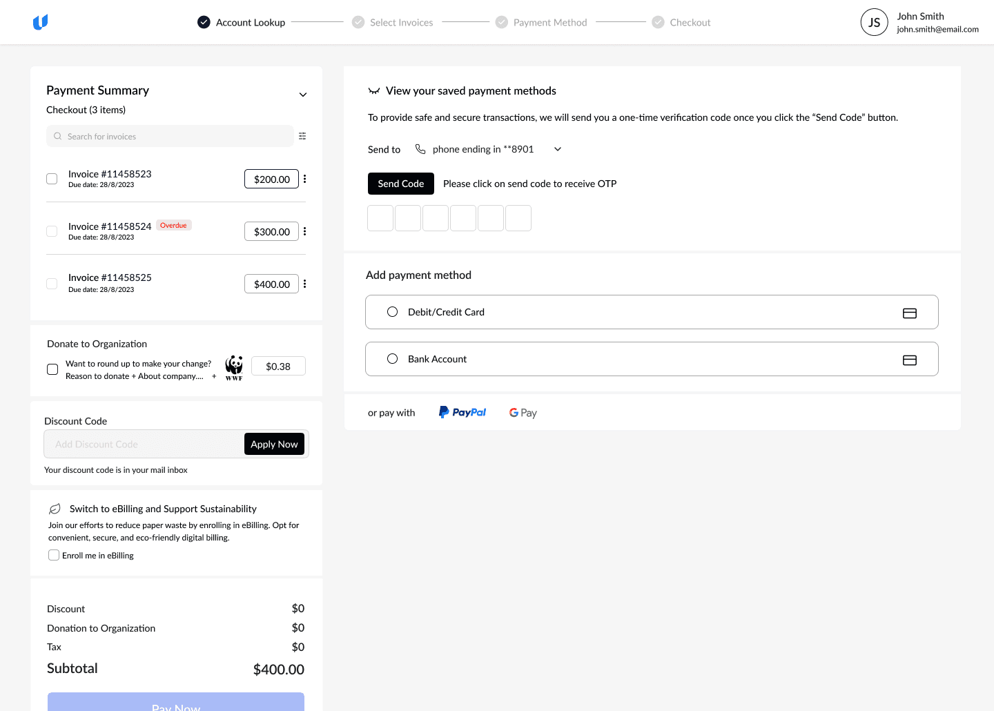 The Quick Pay payment screen: a stepper (Account Lookup, Select Invoices, Payment Method, Checkout), a payment summary listing invoices with amounts, a discount code field and a subtotal of $400.00, and, beside it, verification with a one-time code, then Add payment method (debit or credit card, bank account), PayPal and Google Pay.
